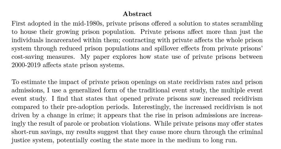 jenniferdoleac's tweet photo. Grace Phillips

JMP: "Private Prison Blues: The Effect of Private Prisons on Recidivism Rates and State Outcomes"

Website: https://t.co/Imsf5cx6Hh https://t.co/C4C9hSKO59