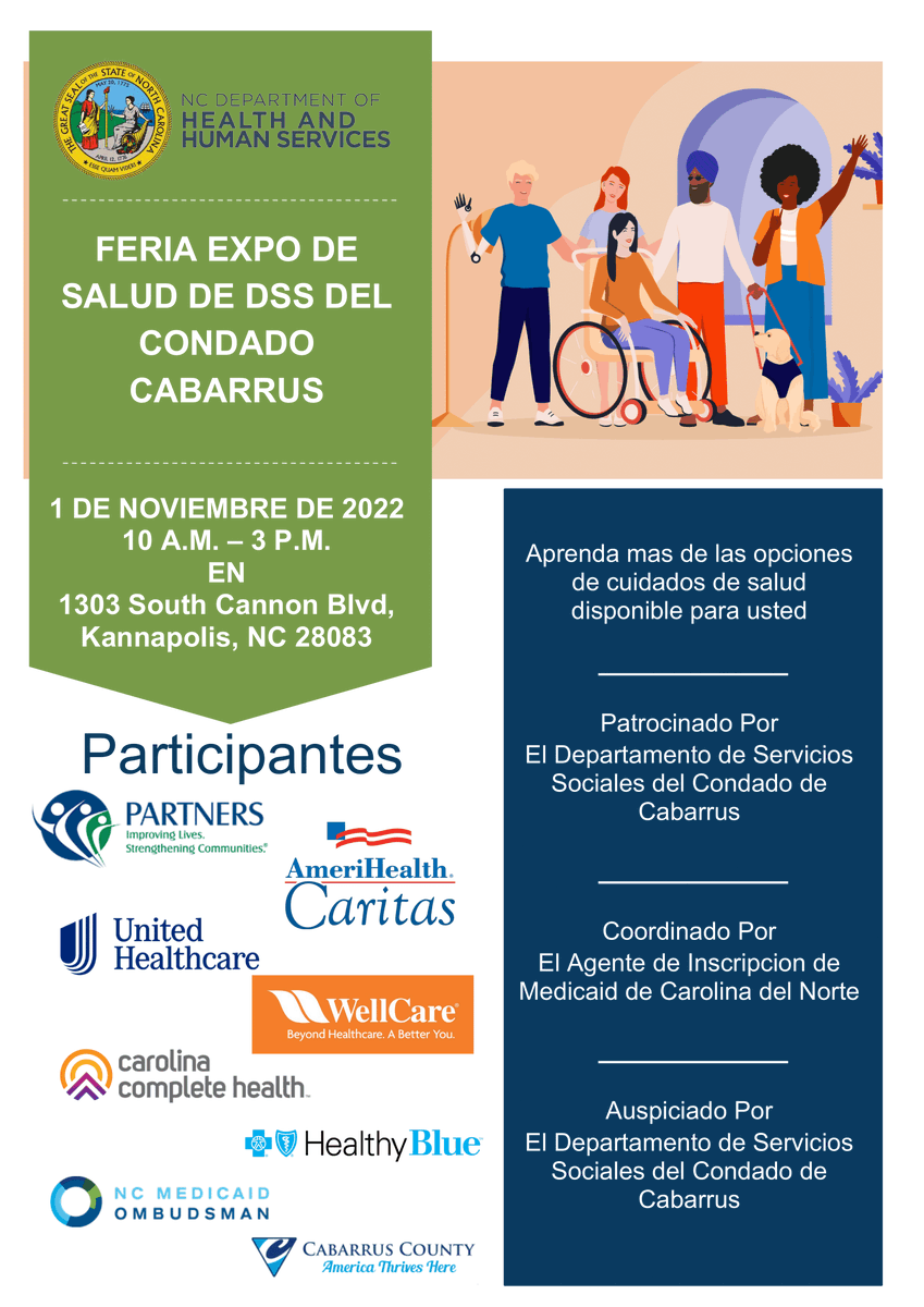 crchcsocial's tweet image. On 11/01/2022 Cabarrus County Department Of Social Services is hosting a Health Fair Expo  conjunction with the North Carolina Medicaid Enrollment Broker and the Managed Care Health Plans from 10 AM - 3 PM. Join us to learn more about health care options available to you!