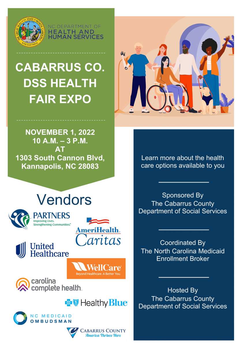 crchcsocial's tweet image. On 11/01/2022 Cabarrus County Department Of Social Services is hosting a Health Fair Expo  conjunction with the North Carolina Medicaid Enrollment Broker and the Managed Care Health Plans from 10 AM - 3 PM. Join us to learn more about health care options available to you!