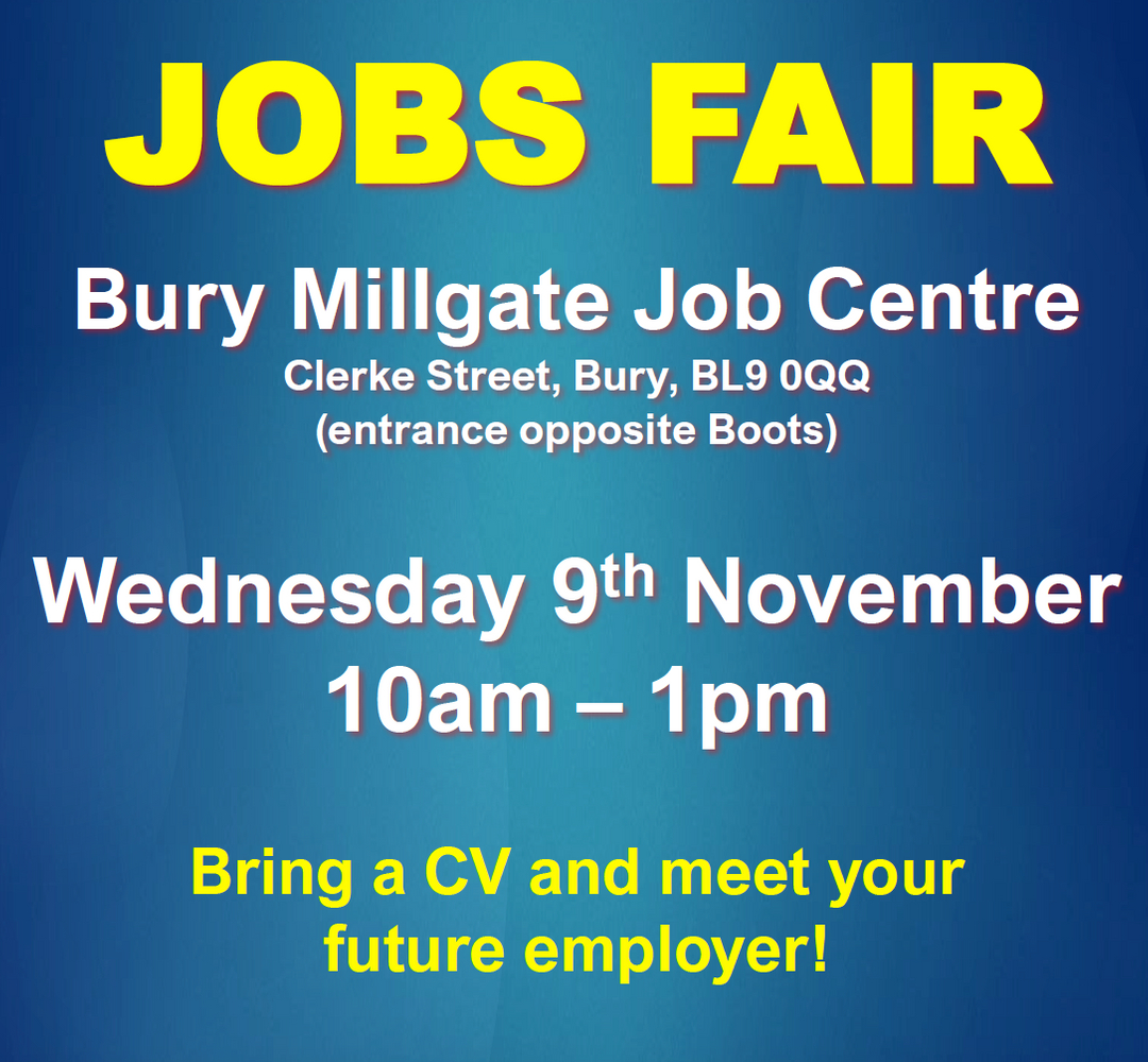 burymeansbiz's tweet image. Bury Millgate JCP will be hosting its final job fair of the year on Wednesday 9th November.
Head along 10am - 1pm and don't forget your CV!

#burymeansbusiness #bury #buryjobs