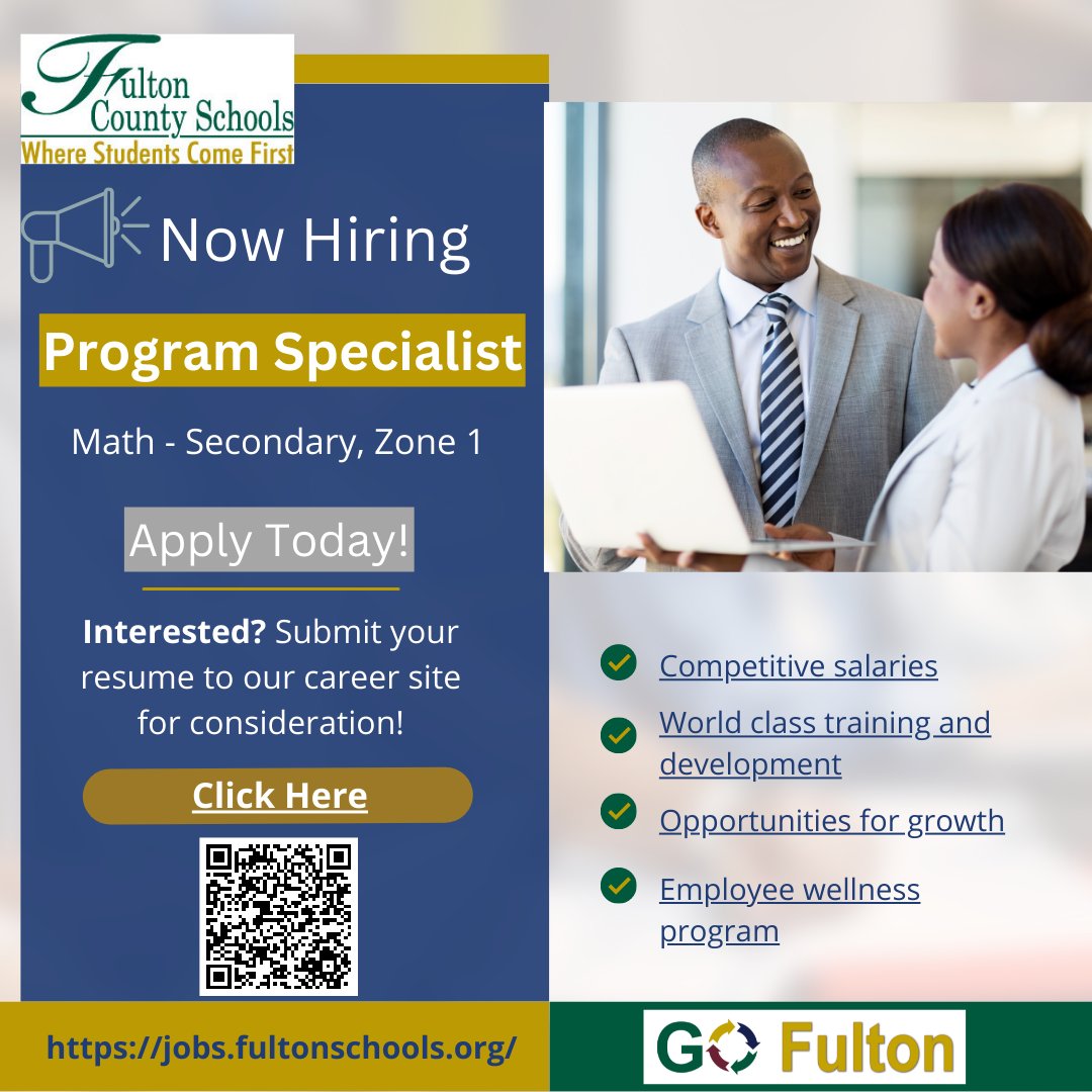 Are you seeking a leadership role? Come join the Fulton Family! FCS is Hiring a Program Specialist! #TopTalent #LeadInFulton
Apply Today: ow.ly/8rJc50LlLKC