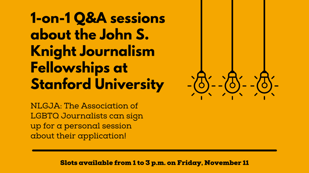 Interested in the John S. Knight Journalism Fellowship at Stanford University? Our members can sign up for 1-on-1 Q+A sessions with program managing director and fellow NLGJA member @AlbertoBMendoza! Slots available from 1 to 3 p.m. ET 11/11, sign up @ bit.ly/3FoFa8G