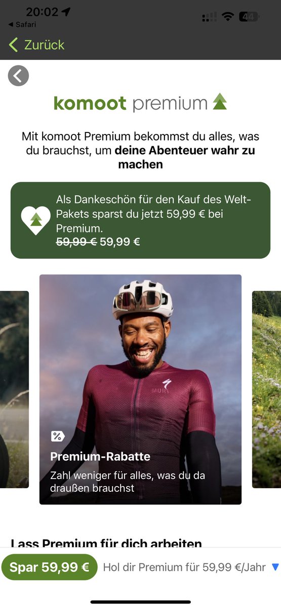 ⁦<a href="/komoot/">komoot</a>⁩  in eurer Mail bietet ihr mir 30€ Rabatt, in der App 59,99€ Rabatt und am Ende zeigt die App beim InApp Purchase 59,99€ als Betrag an. 😵‍💫 Hilfe…