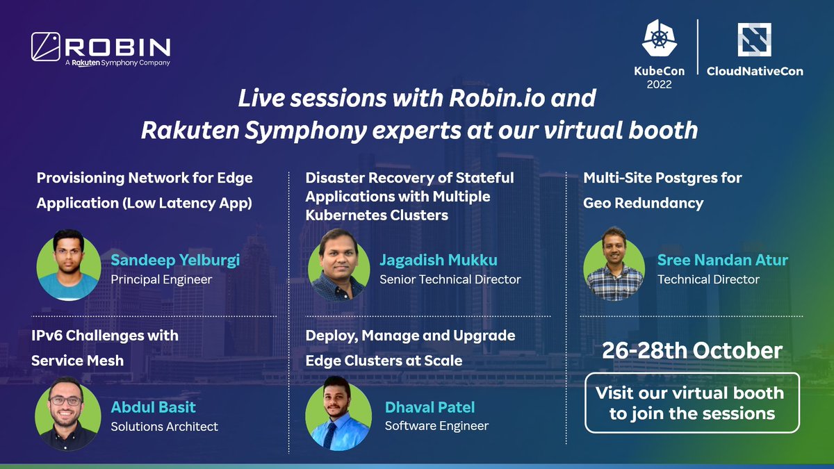 Robin.io, A Rakuten Symphony Company (@robin4k8s) on Twitter photo Between 26th and 28th October at #KubeCon2022, Detroit, <a href="/Robin4K8S/">Robin.io, A Rakuten Symphony Company</a> has in store a wide array of expert sessions and discussions that are sure to pique your interest. Join the sessions at our virtual booth:hubs.ly/Q01qJTYP0 Between 26th and 28th October at #KubeCon2022, Detroit, <a href="/Robin4K8S/">Robin.io, A Rakuten Symphony Company</a> has in store a wide array of expert sessions and discussions that are sure to pique your interest. Join the sessions at our virtual booth:hubs.ly/Q01qJTYP0