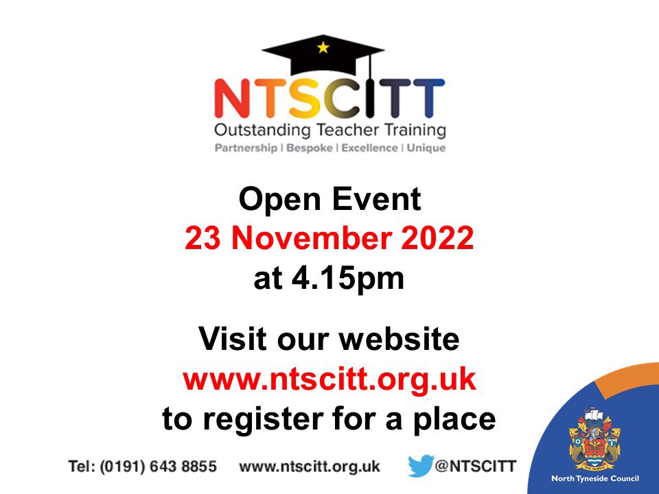 We are hosting an open event on 23 Nov at 4.15pm, come along and find out more about our unique training programme. We look forward to meeting you then! To find out further information and to register for the event please go to our website ntscitt.org.uk <a href="/NTCouncilTeam/">North Tyneside Council</a>