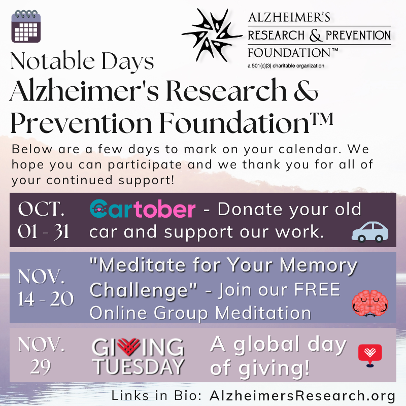 PreventAD's tweet photo. Follow @PreventAD to stay up-to-date on all of our upcoming events!
♥🚗 Oct. 1-31 #Cartober2022 - https://t.co/Dhxgdxc7aD
🧠💪 Nov. 14-20 "#Meditate for Your Memory" - https://t.co/rD1nVhDuAr
🙏📅 Nov. 29 #GivingTuesday2022 - https://t.co/1C3Y7peRY1
#PreventAD
#Alzheimers
