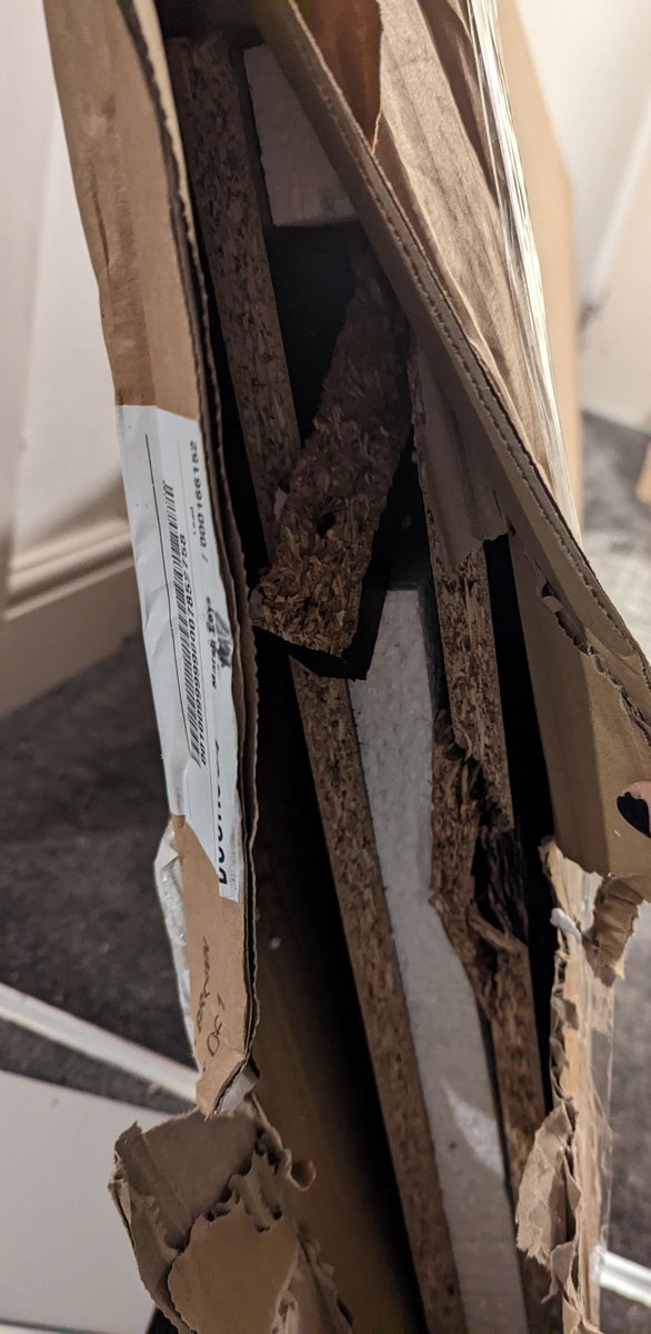 B3th3j's tweet photo. @ArgosHelpers I ordered a wardrobe from you and it was delivered today broken (it had sellotape holding the top of one of the boxes together). I have waited over three weeks for this. Please see images attached. What is the next step? https://t.co/vSmtn7m26n