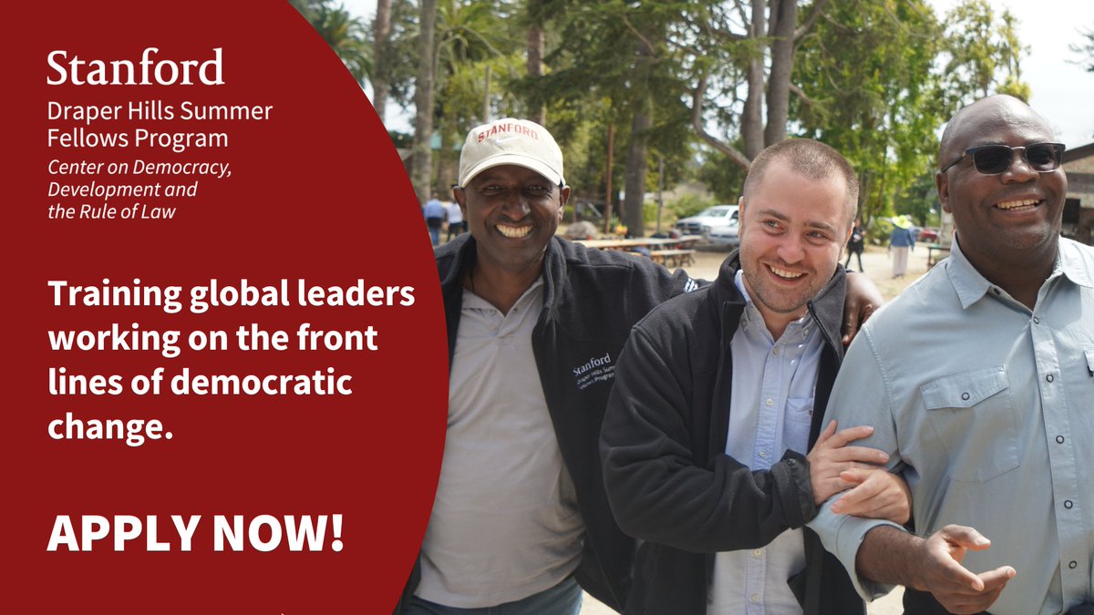 The 2023 Draper Hills Summer Fellows Program application is now open! Practitioners from emerging democracies are invited to participate in this 3-week program & learn from @kath_stoner @McFaul @FukuyamaFrancis @LarryDiamond & more! LEARN MORE & APPLY ➡️ cddrl.fsi.stanford.edu/summerfellows/…