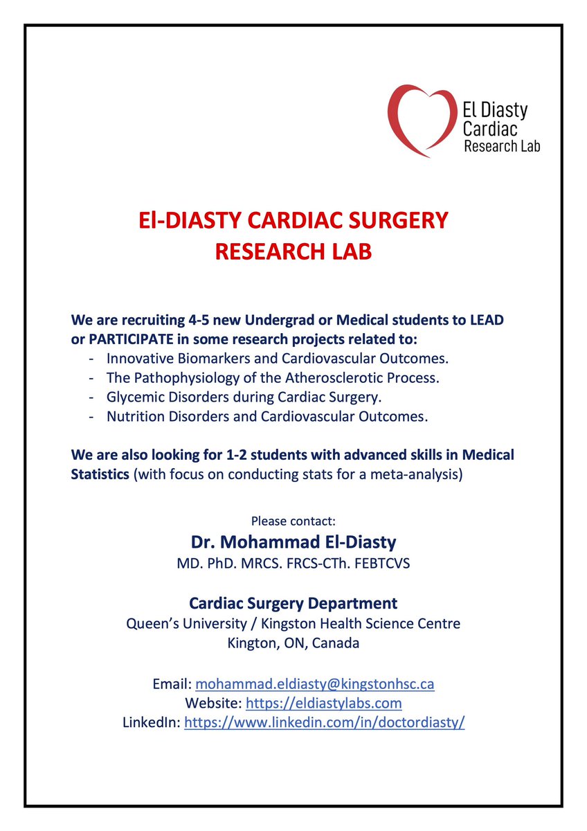 Dr. Mohammad El Diasty (MD.PhD. FRCS-CTh. FEBTCVS) (@drmoheldiasty) on Twitter photo We are recruiting new students for our research program.
Please feel free to spread the word. <a href="/EldiastyLab/">El Diasty Cardiac Surgery Research Lab</a> <a href="/queensu/">Queen's University</a> <a href="/KHSCceo/">David Pichora</a> <a href="/queensualumni/">Queen's Alumni</a> <a href="/queensuResearch/">Research@Queen's University</a> We are recruiting new students for our research program.
Please feel free to spread the word. <a href="/EldiastyLab/">El Diasty Cardiac Surgery Research Lab</a> <a href="/queensu/">Queen's University</a> <a href="/KHSCceo/">David Pichora</a> <a href="/queensualumni/">Queen's Alumni</a> <a href="/queensuResearch/">Research@Queen's University</a>