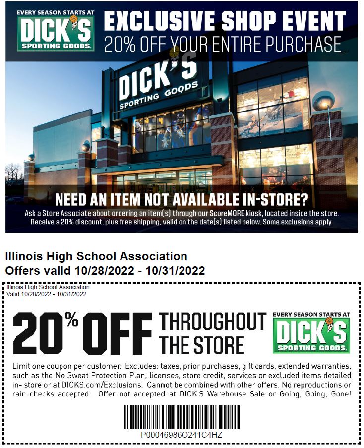 🚨 2⃣ days away🚨 📅 The @DICKS Exclusive Shop Event is happening at all Illinois DICK'S stores from October 28-31. 🏈🏀🥎⚽️🎾⚾️ Gear up for your #IHSA season by getting 20% off your entire purchase! 🔗 Get your coupon below or download here➡ ihsa.org/Portals/0/IHSA…