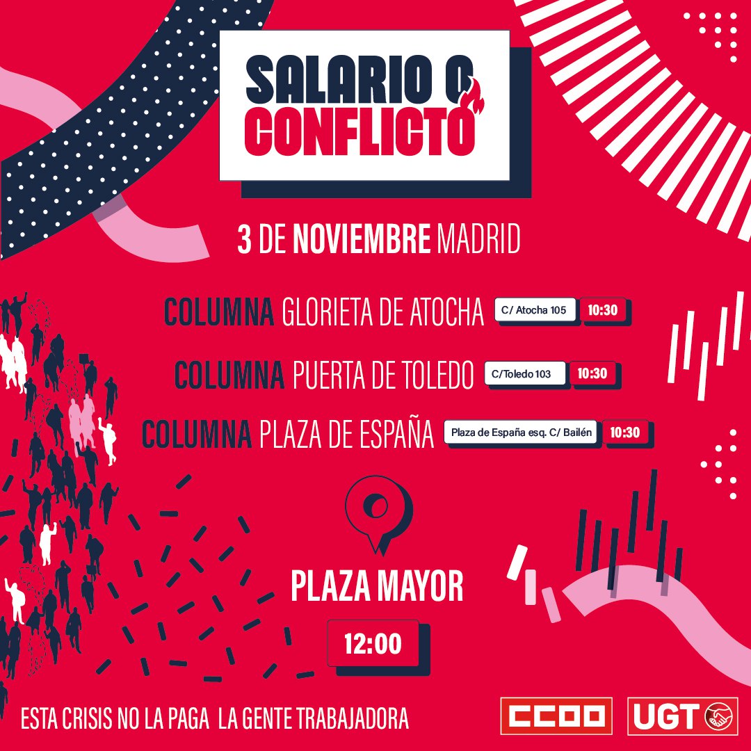 🟣  📢 <a href="/CCOO/">Comisiones Obreras</a> y UGT
#SalarioOConflicto #3NCCOO 
Columnas 🔵  🔴. ⚪️

Esta crisis NO la paga la clase trabajadora 👷🏻‍♀️👩🏻‍⚕️👩‍