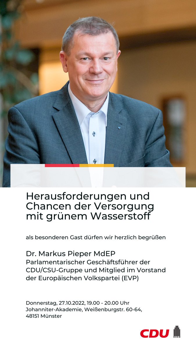 CDU Münster (@cdu_ms) on Twitter photo #Herausforderungen und #Chancen
der Versorgung mit grünem #Wasserstoff
Herzliche Einladung zur Veranstaltung mit Dr. <a href="/markuspieperMEP/">Markus Pieper</a> morgen!
Alles Weitere findest du hier: m.facebook.com/story.php?stor…
#cdums #grünerstrom #EP #Herausforderungen und #Chancen
der Versorgung mit grünem #Wasserstoff
Herzliche Einladung zur Veranstaltung mit Dr. <a href="/markuspieperMEP/">Markus Pieper</a> morgen!
Alles Weitere findest du hier: m.facebook.com/story.php?stor…
#cdums #grünerstrom #EP