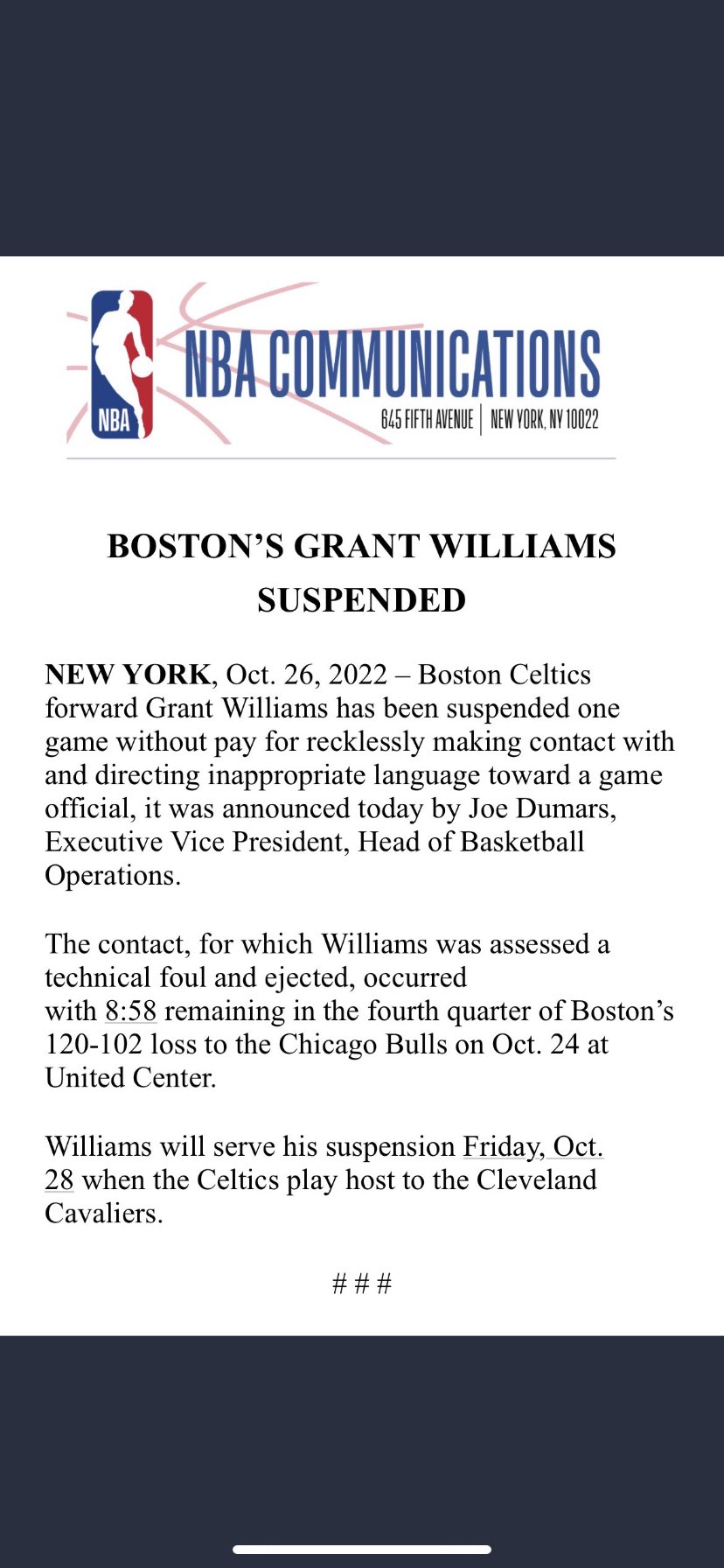 Celtics forward Grant Williams suspended one game for making contact with  official - The Boston Globe