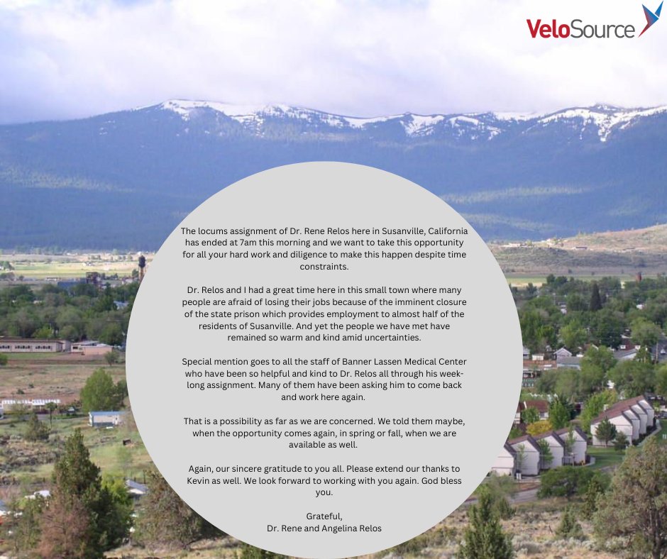 VeloSource's tweet photo. We love to hear when a locums assignment goes well, such as Dr. Relos'. Thank you to all involved with making their assignment a success! #locumtenens #travelhealthcare #locums https://t.co/ivLDSzUmcP