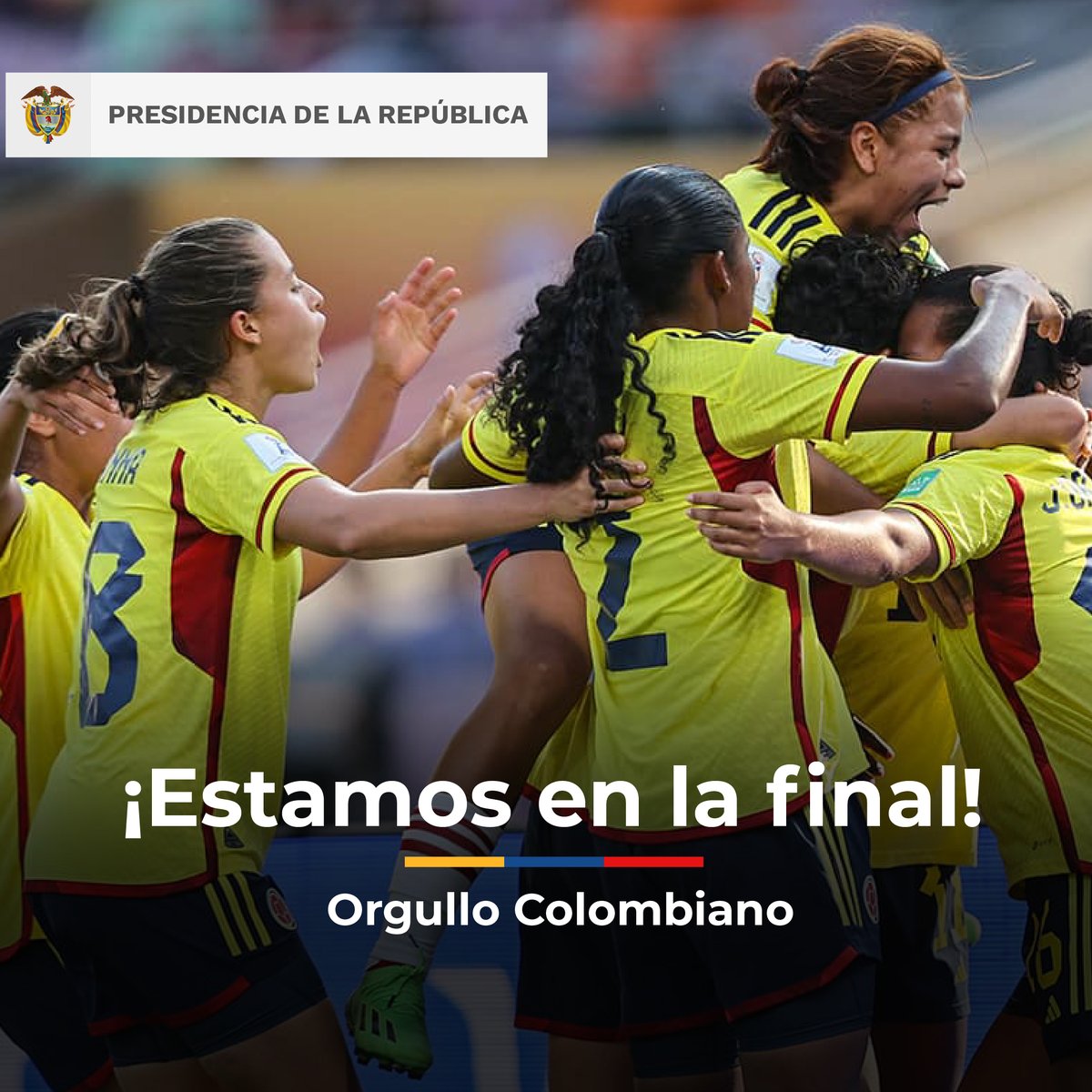infopresidencia's tweet photo. ¡Histórico! Vamos Colombia 🇨🇴⚽️

Felicitamos a la @FCFSeleccionCol por su clasificación a la final del Mundial sub-17 de Fútbol Femenino. ⚽️🥳👏 https://t.co/Fd9i6MjPAk