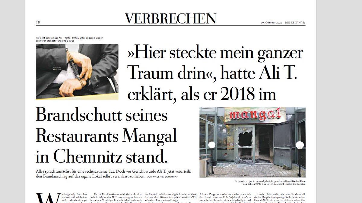 ValSchnian's tweet photo. Vier Jahre nachdem sein Restautant brannte, wurde Ali T. nun verurteilt. Das Gericht kam zu dem Schluss, dass er den Brand selbst plante.
Habe in den vergangenen Monaten den Prozess begleitet, mit @aaronwoerz, @monaberner, in der ZEIT im Osten &amp; hier: https://t.co/5cDtk9yJDd https://t.co/uCDvM0PXEm