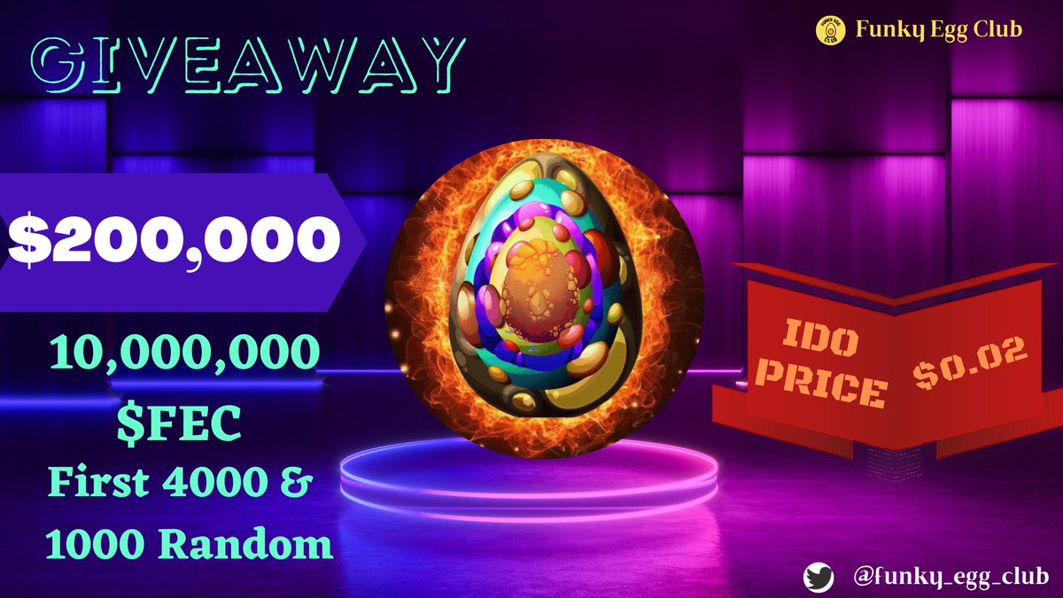 📣 Big & Massive #fcfs #Giveaway 🔥 🥳🥳BiG Prize Pool: 10,000,000 $FEC PRICE POOL WORTH OF $200,000😍😍 To Win 🏆 ✅ Follow @META_STARx & @FUNKY_EGG_CLUB ✅ Like & RT & Tag 3 friends ➡️ Finish Gleam : gleam.io/fI6Lj/funny-eg… ⏰ End 31st Oct #Airdrop #FCFS #Giveaway #NFT #Sol