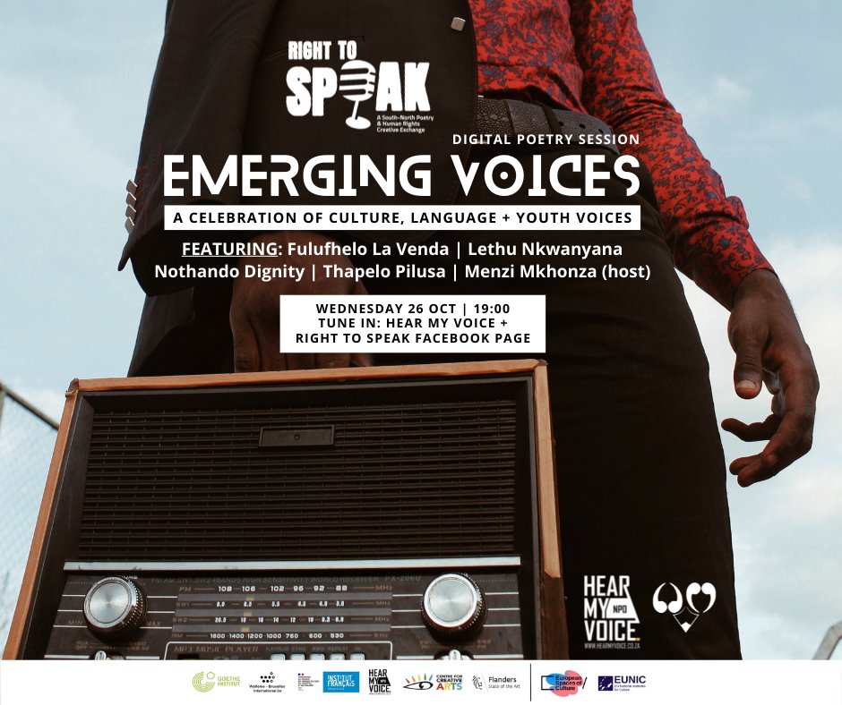 Right To Speak Poetry Project (@_righttospeak) on Twitter photo Don't forget that 7pm tonight (SAST) is the "Emerging Voices" Digital Poetry Webinar. Go to the
<a href="/HearMyVoiceSA/">Hear My Voice</a>
Facebook page to tune in to a wonderful night of African voices sharing their stories. You don't want to miss this
#EmergingVoices #Poetry #RightToSpeak Don't forget that 7pm tonight (SAST) is the "Emerging Voices" Digital Poetry Webinar. Go to the
<a href="/HearMyVoiceSA/">Hear My Voice</a>
Facebook page to tune in to a wonderful night of African voices sharing their stories. You don't want to miss this
#EmergingVoices #Poetry #RightToSpeak