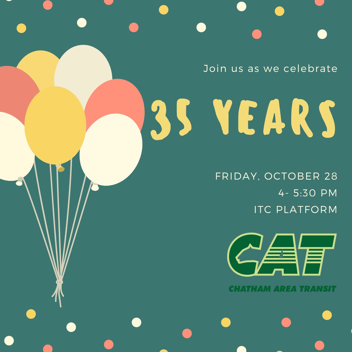 ChathamTransit's tweet photo. Hey There Chatham County!
Come join CAT for our 35th Anniversary Celebration at the ITC this Friday, October 28th, from 4-5:30 pm!
There will be laughs, music and fun! This is an event you don't want to miss!
#CAT35 #CATCommunity #CATCares #35Anniversary https://t.co/Ra7SV61TAl