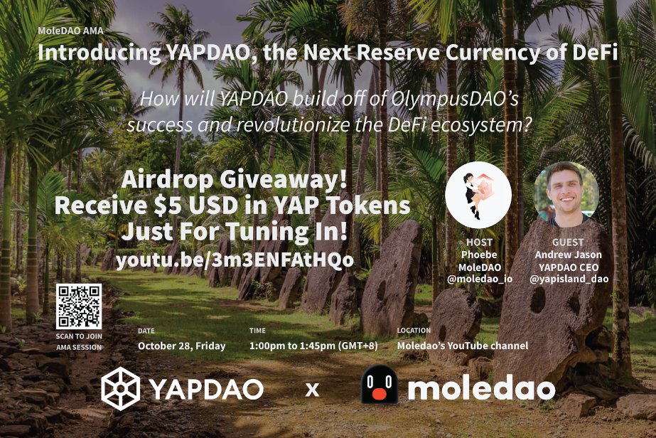 moledao_io's tweet photo. We've all heard about Yap Island's Rai stones, but what about @YAPISLAND_DAO?

Join our AMA this Fri &amp; learn more about their mission to create a decentralized autonomous bank! 

Date: 28 October, Friday
Time: 1pm to 1.45pm (GMT+8)
Livestream link: https://t.co/oy3tTZnj4G https://t.co/G3Fxpgflup