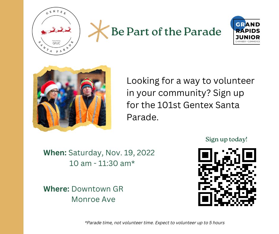 We need volunteers for the Gentex Santa Parade! Don't delay, sign up today! 

Volunteer Application (Deadline Oct. 31st)
forms.gle/PLvDvtq9QTzKnu…

#grjc #gentexsantaparade #community #christmasaroundtheworld