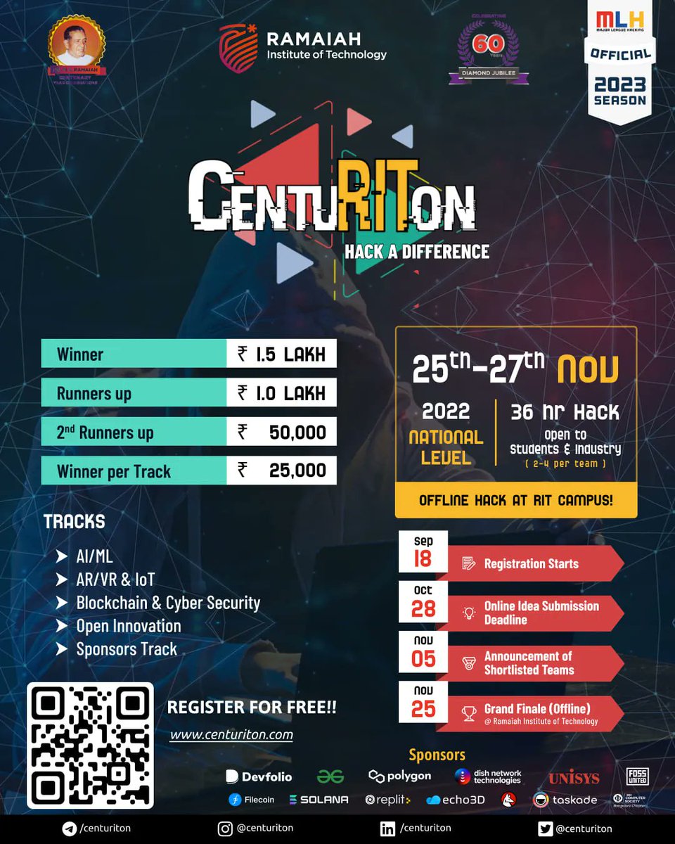 MLHacks's tweet photo. Check out this event in Bengaluru! @centuriton  is featuring ₹5 lakhs in cash prizes and 36 hours of exciting project building in 4 different tracks. Applications are still open until Friday the 28th!
Apply now - https://t.co/oXEq8HHJgV https://t.co/TLTKJpSk6W