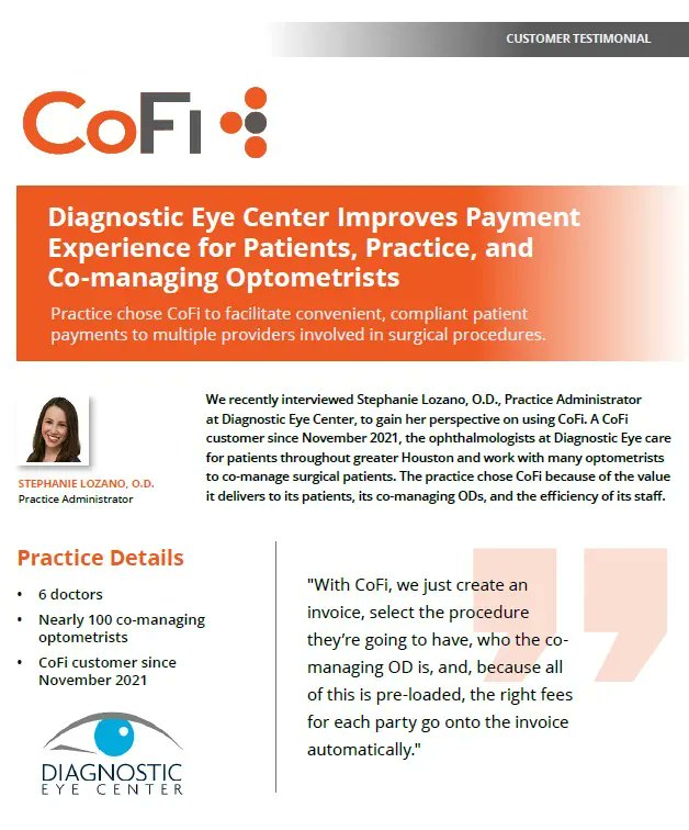 Diagnostic Eye Center Improves Payment Experience for Patients, Practice, and Co-managing Optometrists. Practice chose CoFi to facilitate convenient, compliant patient payments to multiple providers involved in surgical procedures. cofimd.com/insights/diagn…
