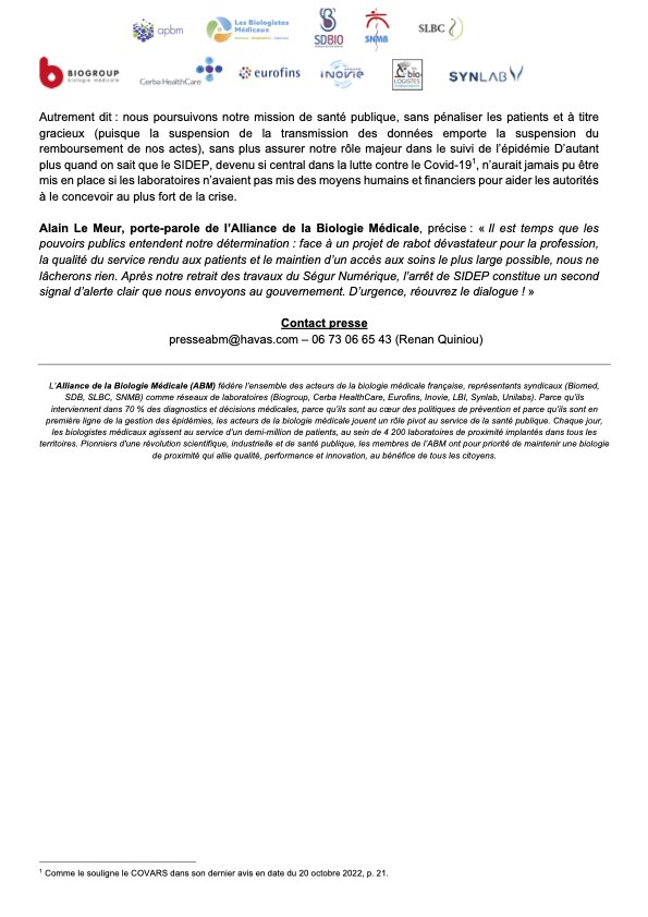 <a href="/Assur_Maladie/">Assurance Maladie</a> impose -250M€ d'économie aux laboratoires de biologie médicale chaque année jusqu'en 2026 #PLFSS
➡️Dès demain tous les labos de biologie médicale cesseront d’alimenter le fichier national des tests de dépistage du #COVID (SI-DEP) <a href="/afpfr/">Agence France-Presse</a>
lemonde.fr/societe/articl…