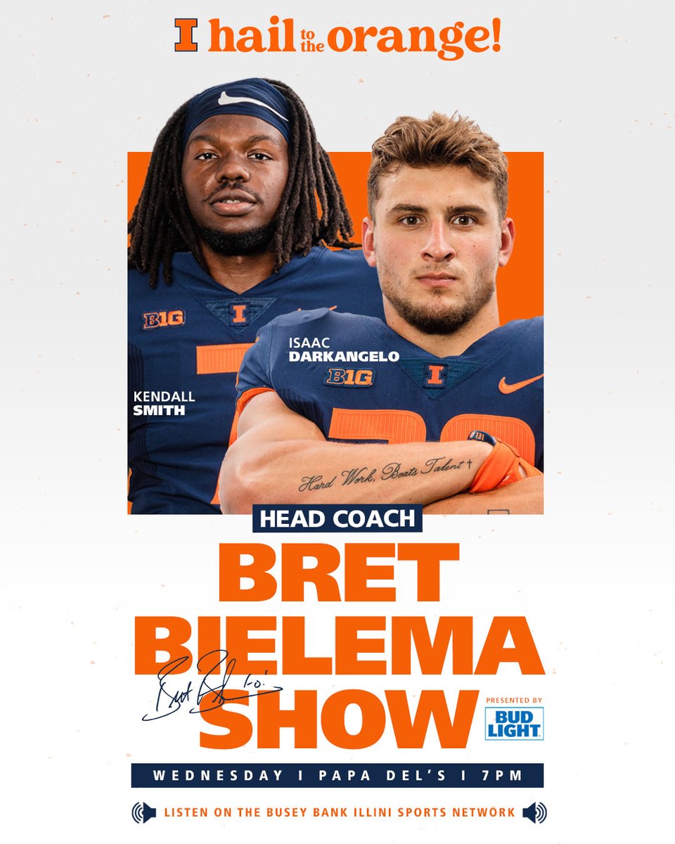 Special guests @isaacdarkangelo and @Kendallsmith_23 join The Bret Bielema Show live at 7 pm CT at Papa Del's! Listen on the Busey Bank Illini Sports Network » bit.ly/3QGbIOt #Illini // #HTTO // #famILLy