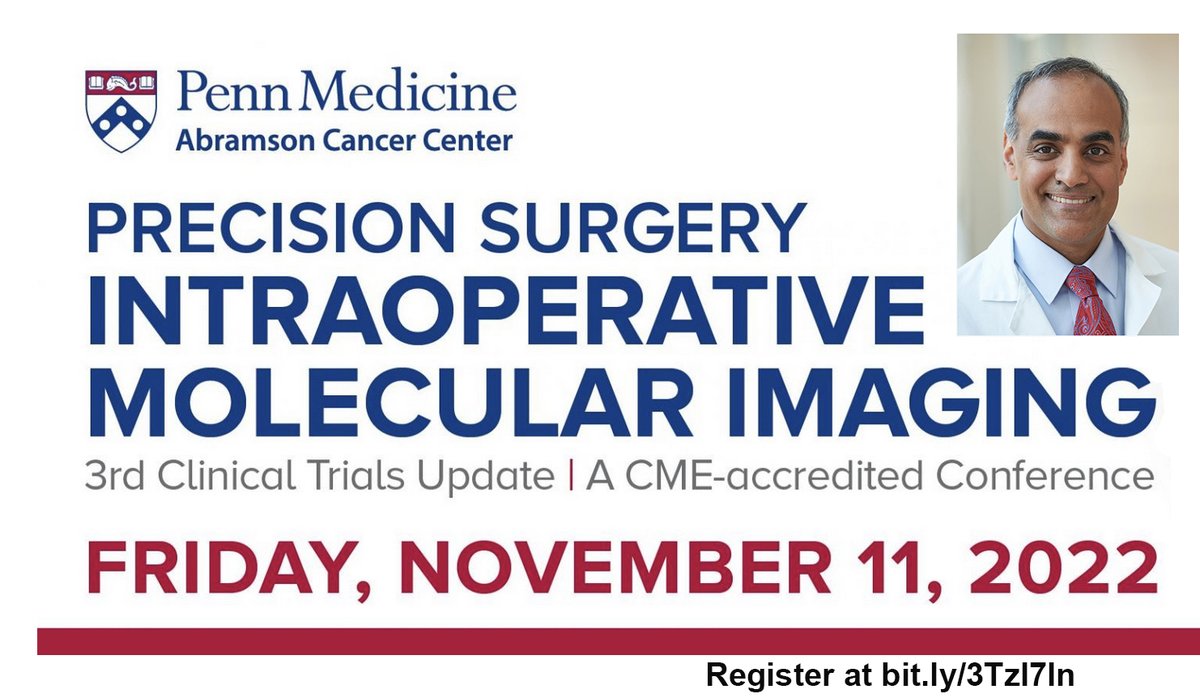 Don’t miss Dr. Sunil Singhal at @PennCancer’s Precision Surgery Intraoperative Molecular Imaging #CME Conference, reviewing Intraoperative Molecular Imaging of #LungCancer (11/11/22) Many @Penn_NSG @Penn_ENT @PennSurgery experts presenting. Register: spr.ly/6018MllRr ⬅️