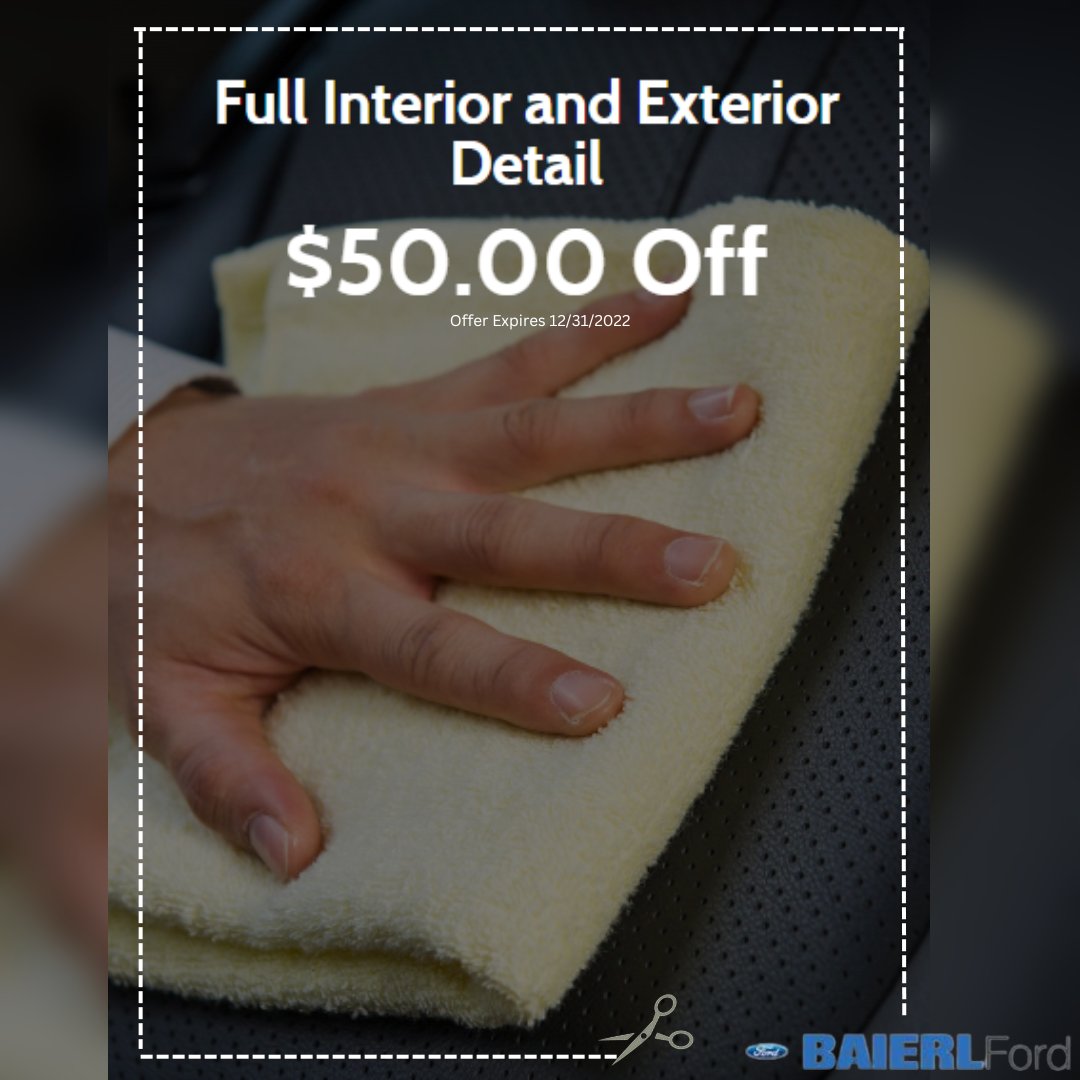 Now until 12/31, get $50 off a full interior and exterior detail. To learn more about this offer, visit bit.ly/3MUaiid 🧽 🚘

#Ford #BaierlFord #FordService #SaveMoney #FordDetailing #InteriorDetail #ExteriorDetail #ZelienopleDeals