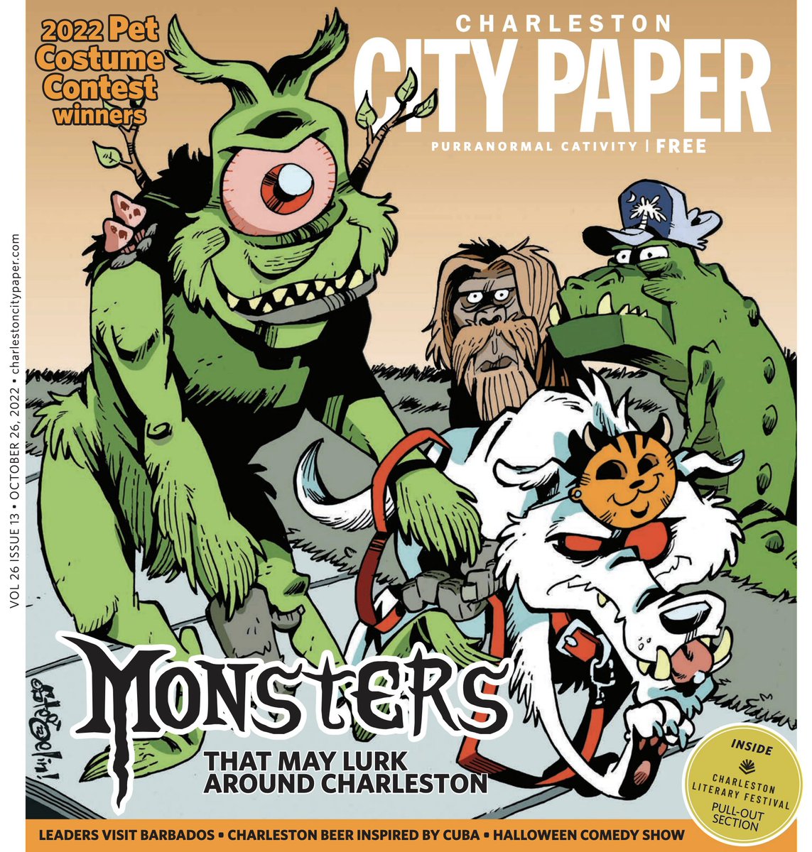Stegelin's tweet photo. Art in the wild, on the cover of @ChasCityPaper, featuring the #SouthCarolina chapter of #CryptidsTogether with #plateye #HoundOfGoshen #LizardMan #SkunkApe https://t.co/jo2KZ5R19q