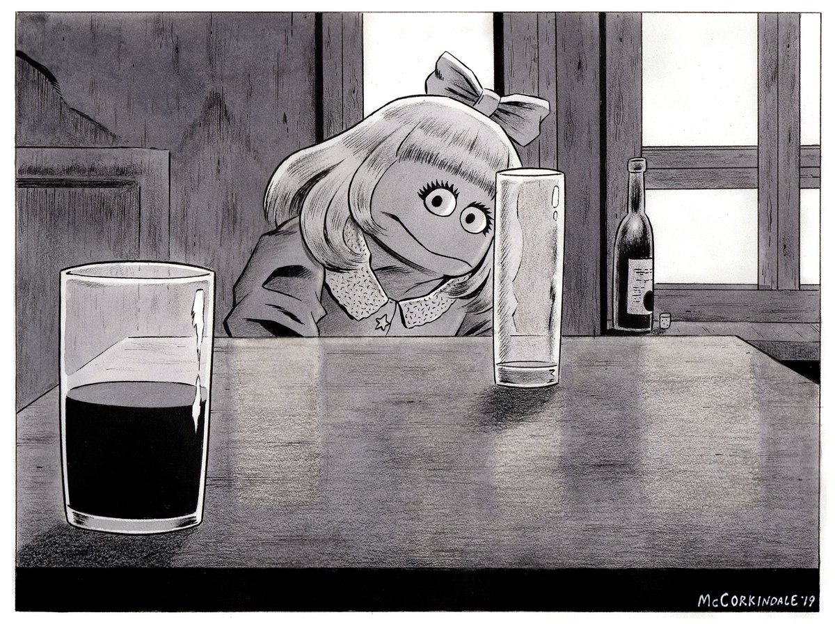brucemccorkinda's tweet photo. A month of #Muptober flashbacks! Day 26, 2019: A Muppet version of Andrei Tarkovsky's STALKER featuring Prairie Dawn! Mixed media on 8.5 X 11" bristol board. #ArthouseMuppets https://t.co/m0BsAbNchi