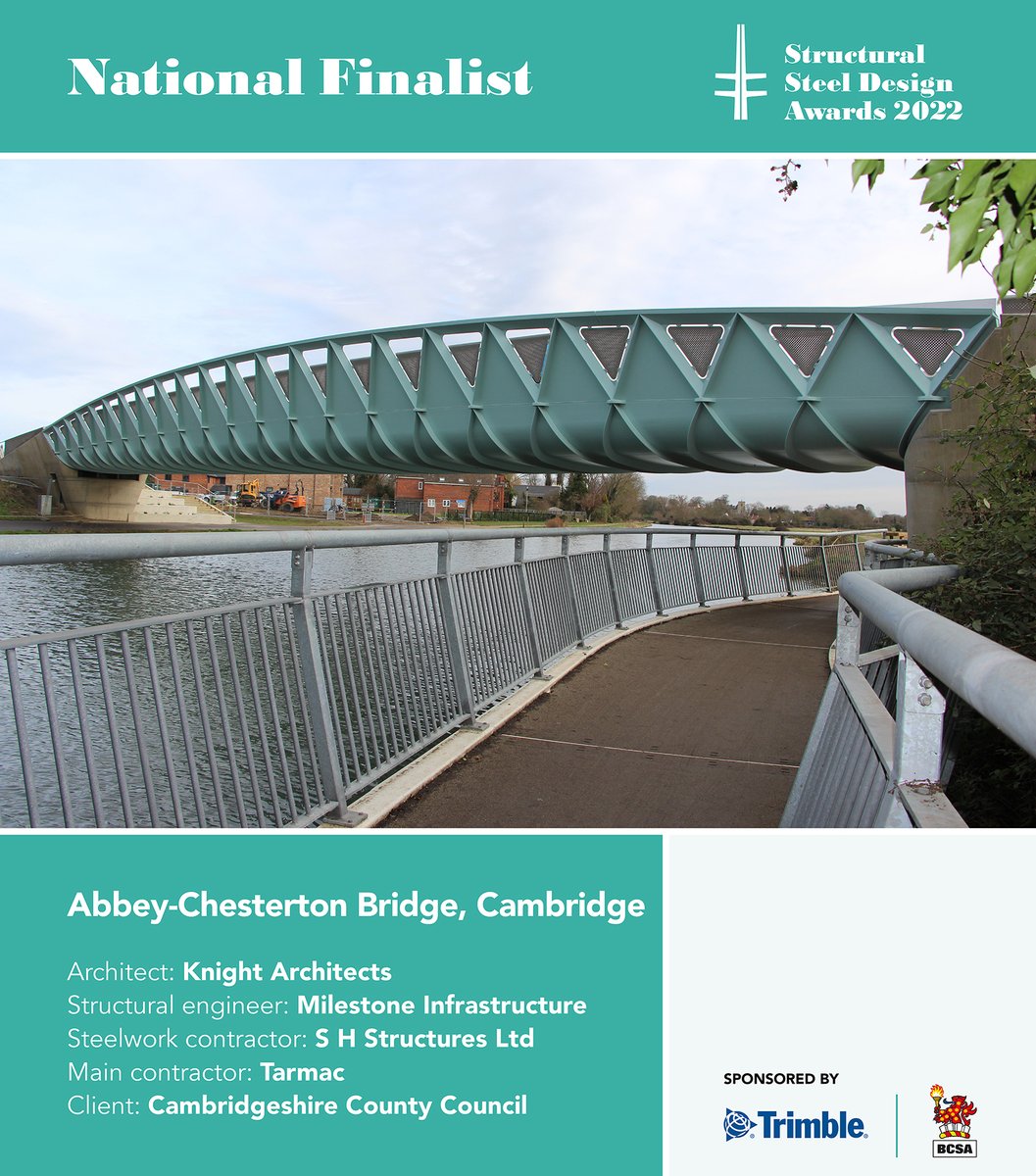 BCSAsteel's tweet photo. #SSDA2022 – Abbey-Chesterton Bridge, Cambridge has received a NATIONAL FINALIST
Congratulations to: #KnightArchitects, @Milestone_Infra, @shstructures Ltd, @TarmacLtd and @CambsCC
Thank you to our joint sponsor @Trimble_TeklaUK
https://t.co/kfeH9ofyMH https://t.co/L4PNTOaqDu