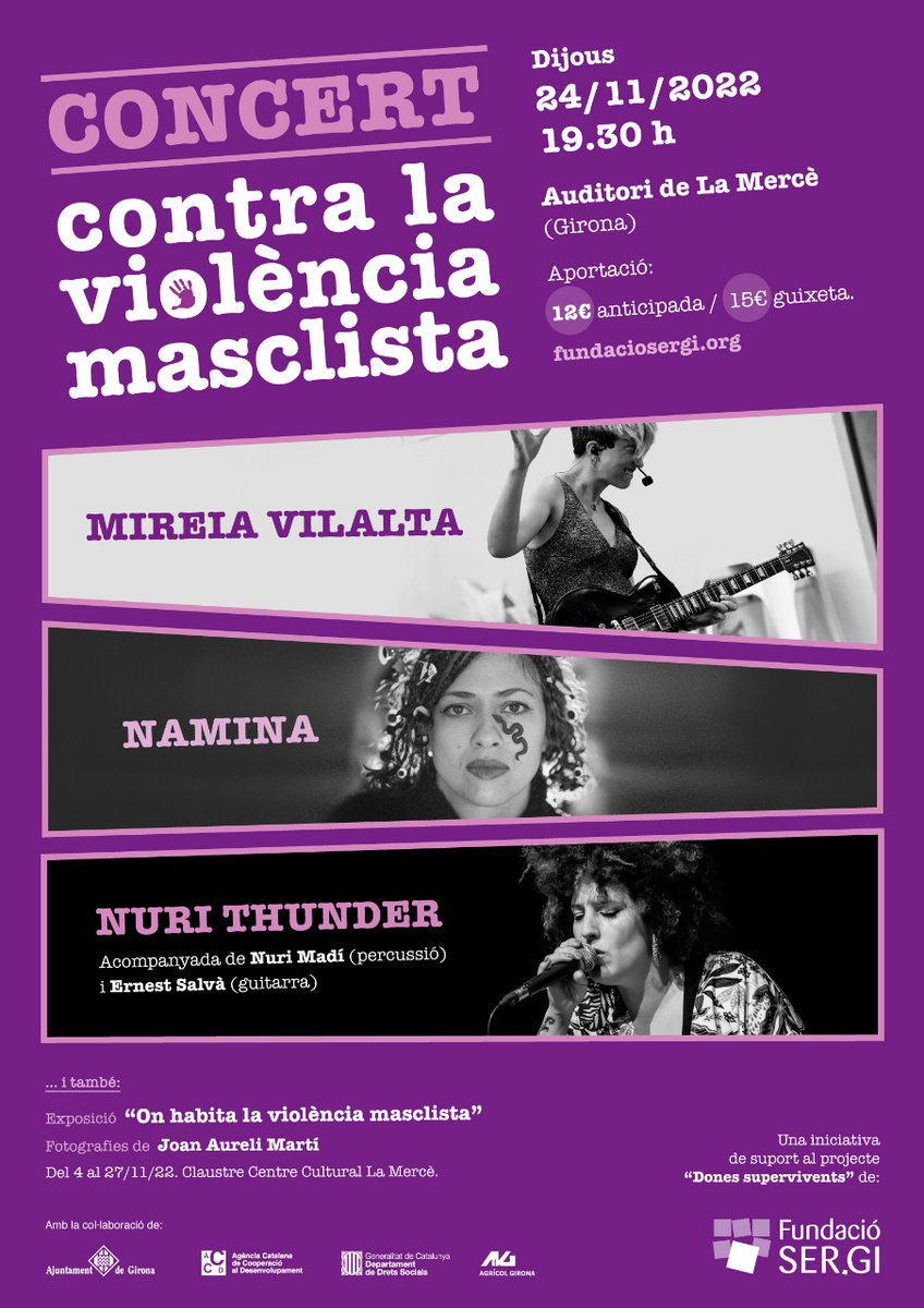 No hi pots faltar!
Amb 3 artistes del bo i millor de casa nostra:
🎵 <a href="/naminanmn/">NAMINA</a>, <a href="/mireiavilalta/">Mireia Vilalta</a> i #NuriThunder

🗓️ Dj 24/11, 19.30h
📍 Auditori <a href="/LaMerceGirona/">La Mercè Girona</a>

Reserva la teva entrada
(en suport a #donesSupervivents)
👉 bit.ly/3Db9iBL

Prou #violènciaMasclista! #25N