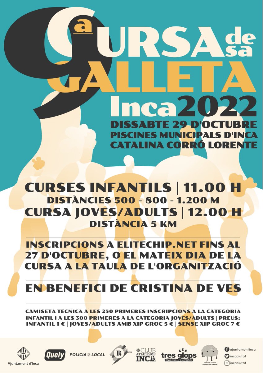 incaciutat's tweet image. 🗣️Avui hem presentat la 🏃‍♀️9ª Cursa de sa Galleta d'aquest dissabte 🗓️29 d'octubre, dins del marc de la 2ª Fira, dedicada a l'Oci i a l'Esport. 📍Piscines municipals d'Inca Catalina Corró Lorente.

 ℹ️Carrera en benefici a Cristina de Ves.

📝Inscripcions a elitechip.net