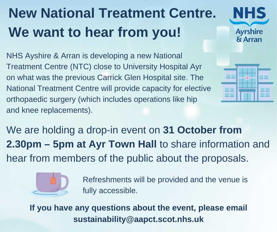 NHS Ayrshire & Arran (@nhsaaa) on Twitter photo π’Drop-in event, Monday 31 October, 2.30 - 5pm, Ayr Town Hall.
Come along to find out more and share your views about the new National Treatment Centre being developed on the former Carrick Glen Hospital site in Ayr. π’Drop-in event, Monday 31 October, 2.30 - 5pm, Ayr Town Hall.
Come along to find out more and share your views about the new National Treatment Centre being developed on the former Carrick Glen Hospital site in Ayr.