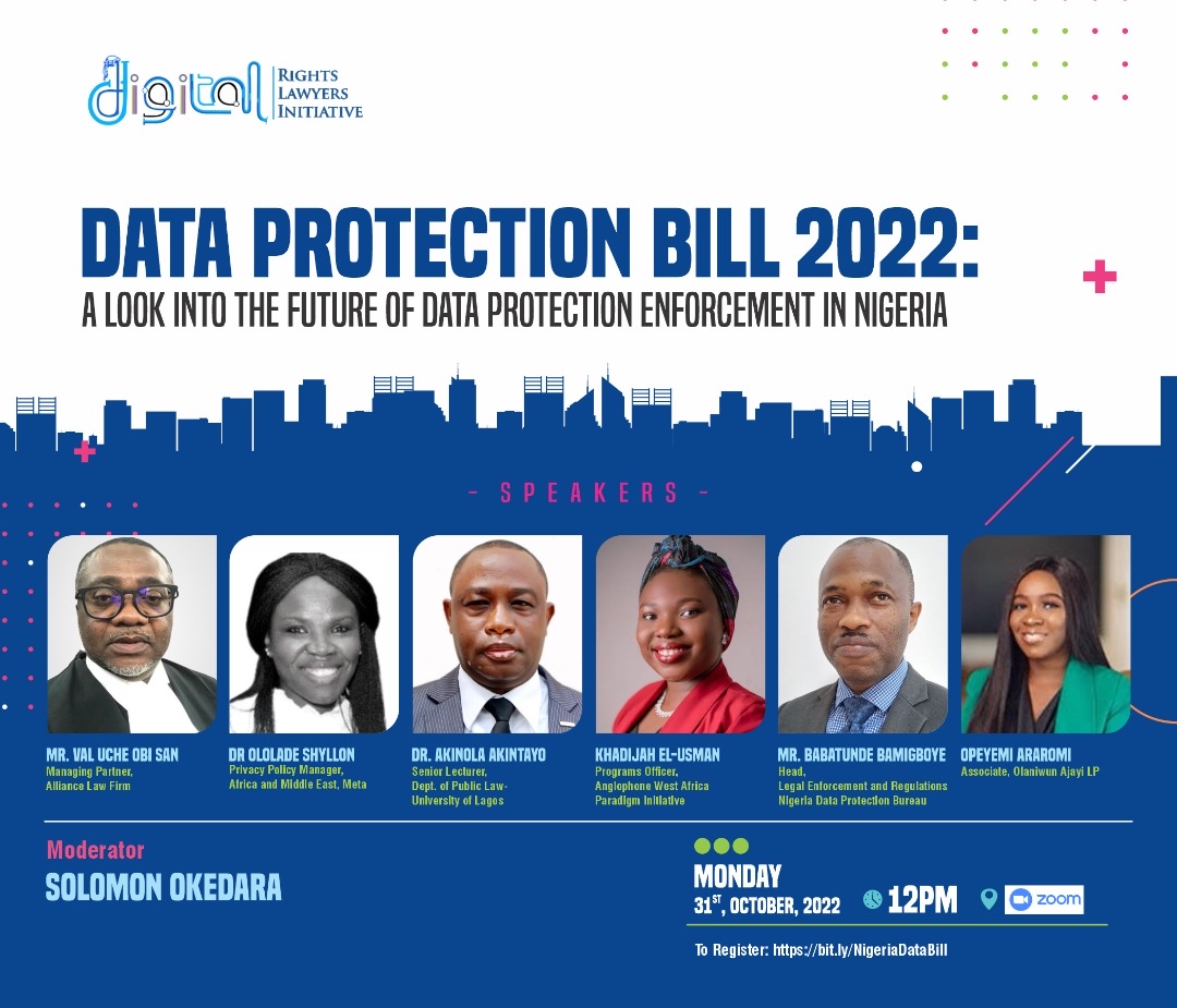 It's an opportunity for us to contribute to the making of a law that protects our personal data and works for us all. Join us next Monday 31, 2022 by 12:00 noon as we do this together. Please register via the link below:

bit.ly/NigeriaDataBill