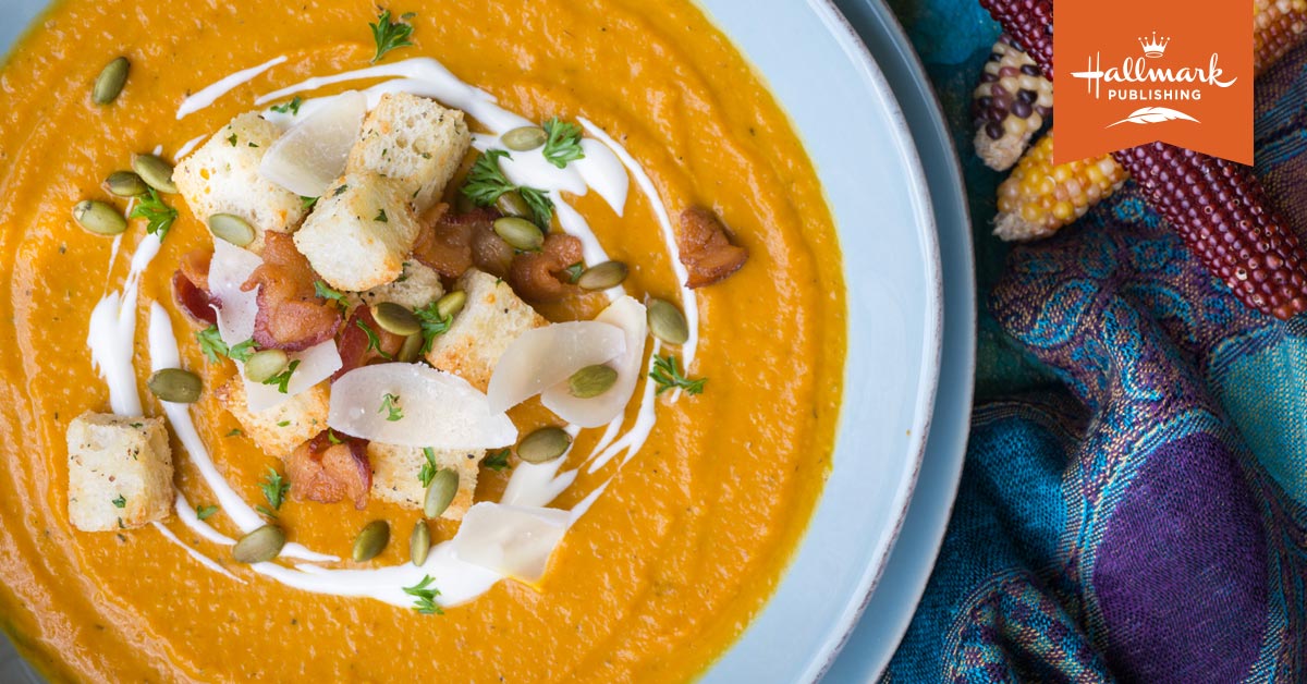 HallmarkPublish's tweet image. Celebrate #NationalPumpkinDay with a yummy Pumpkin Soup with Parmesan Croutons! Found in the book #OCTOBERKISS, try the recipe here: ow.ly/Vwaa50GvKQO