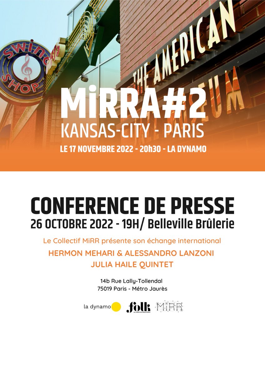 TODAY 
Rejoignez nous, <a href="/CollectifMirr/">Collectif MiRR</a> <a href="/KCTrumpeter/">Hermon Mehari</a> <a href="/BenjaminSanz6/">Benjamin Sanz</a>  pour une conférence de presse + apéro ce soir <a href="/cafesbelleville/">Belleville Brûlerie</a> - Paris et découvrez notre nouvel échange international avec Kansas City, MiRRA#2. 
> RDV à 19h/ 14b Rue Lally-Tollendal, 75019 Paris 
Métro Jaurès