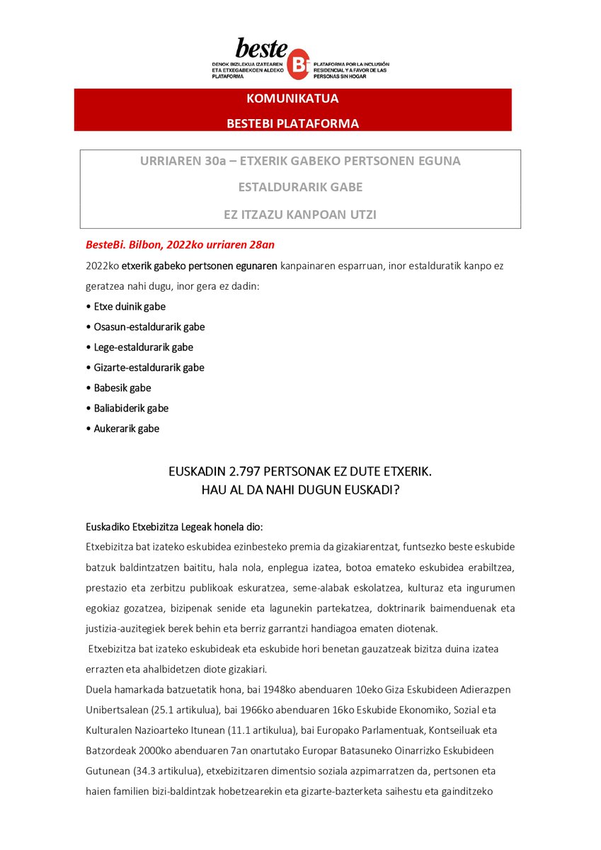 BesteBi_PSHbiz's tweet photo. Gaur irakurritako agiria. Comunicado leído hoy #InorEzEskubiderikGabe #InorEzEtxerikGabe #besteBi #NadieSinHogar #NadieSinDerechos https://t.co/sRpn9HD2tf
