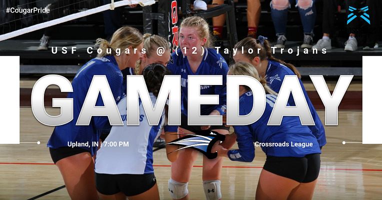 GAMEDAY! <a href="/USFVballCougars/">USF Vball Cougars</a> face a tough challenge tonight when they travel to Upland, Indiana to take on No. 12 <a href="/taylorvball/">Taylor Volleyball</a> beginning at 7 pm. Follow live at youtube.com/user/TaylorAth… #CougarPride #CougarStrong #USFAthletics