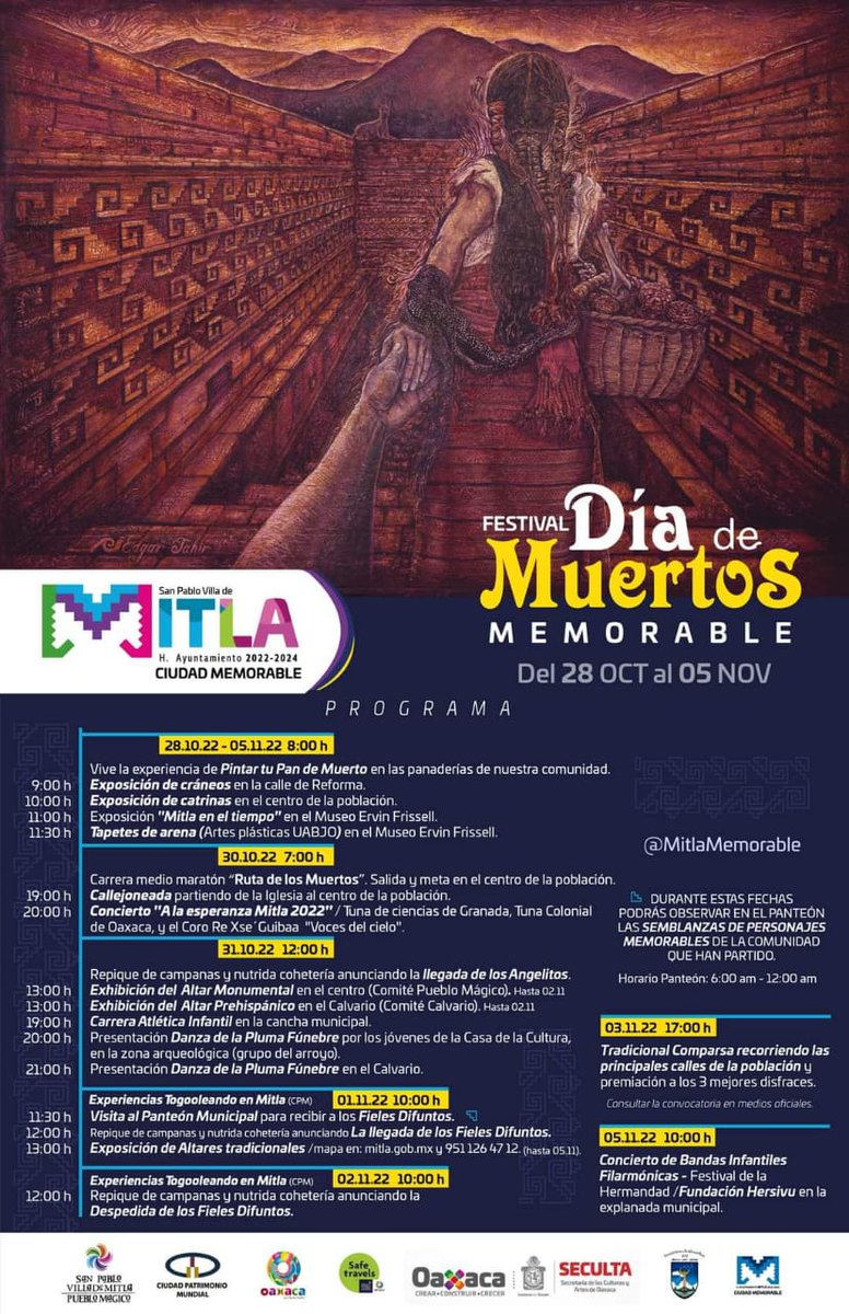 Festival Día de Muertos Memorable, del 28 de octubre al 05 de noviembre, San Pablo Villa de #Mitla.
#Oaxaca #TwitterOax #México #Turismo <a href="/TeInvitoaOaxaca/">Te Invito a Oaxaca</a> #OaxacaLoTieneTodo