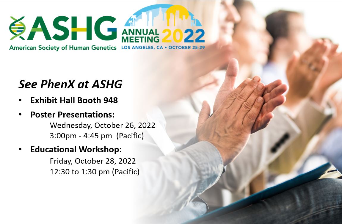 <a href="/PhenXToolkit/">PhenX Toolkit</a> presents 2 posters today at #ASHG22! Check out “Using the PhenX COVID-19 Collection and Variable Compare Tool” &amp; “PhenX presents Bone and Joint updates and expansion of Social Determinants of Health.”  Also, check out Friday's workshop: tinyurl.com/PhenXRegistrat…