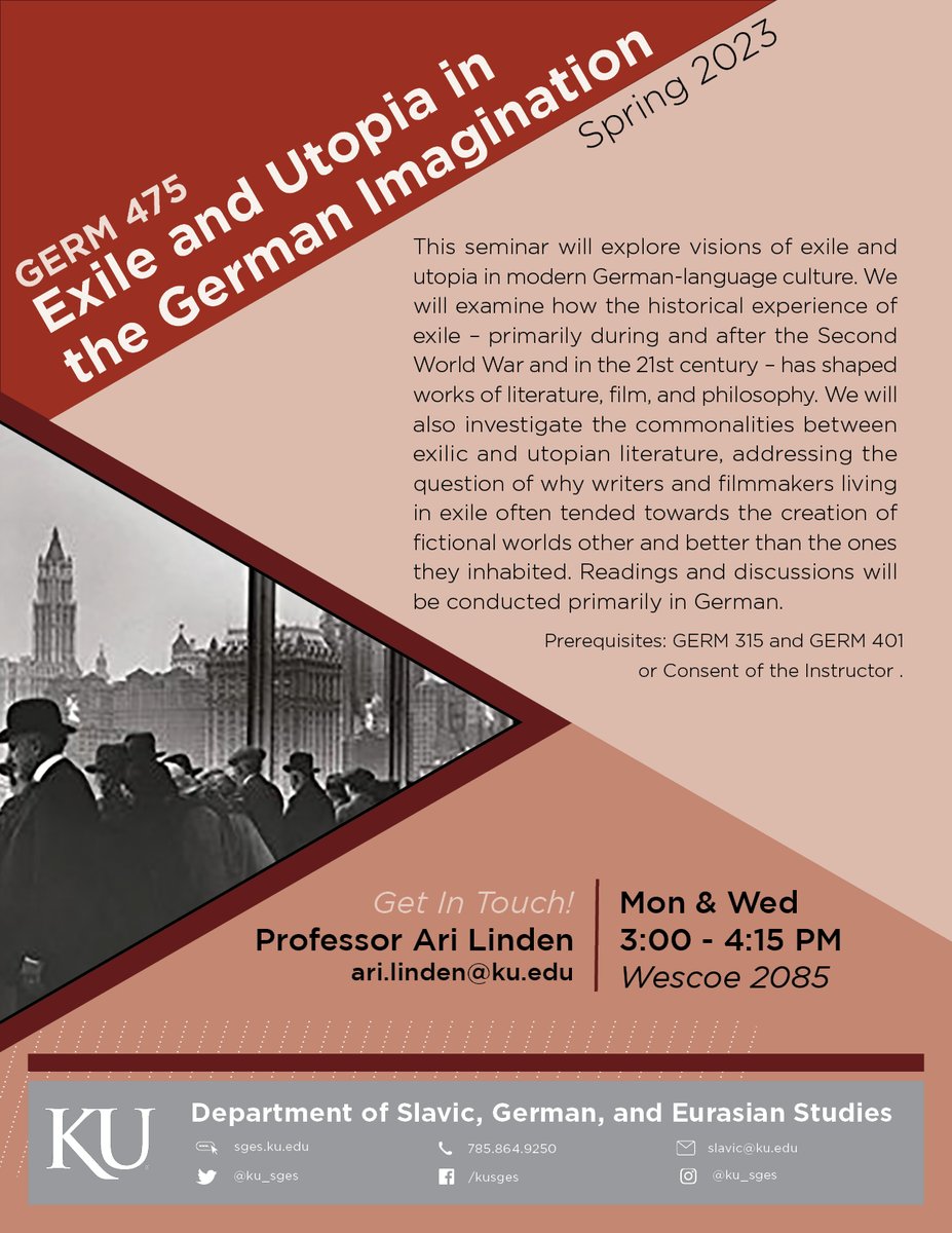 Have you been taking German and not sure what is next? Use your German skills to examine a particular subject in depth - this semester with Dr. Linden!

MW | 3-4:15