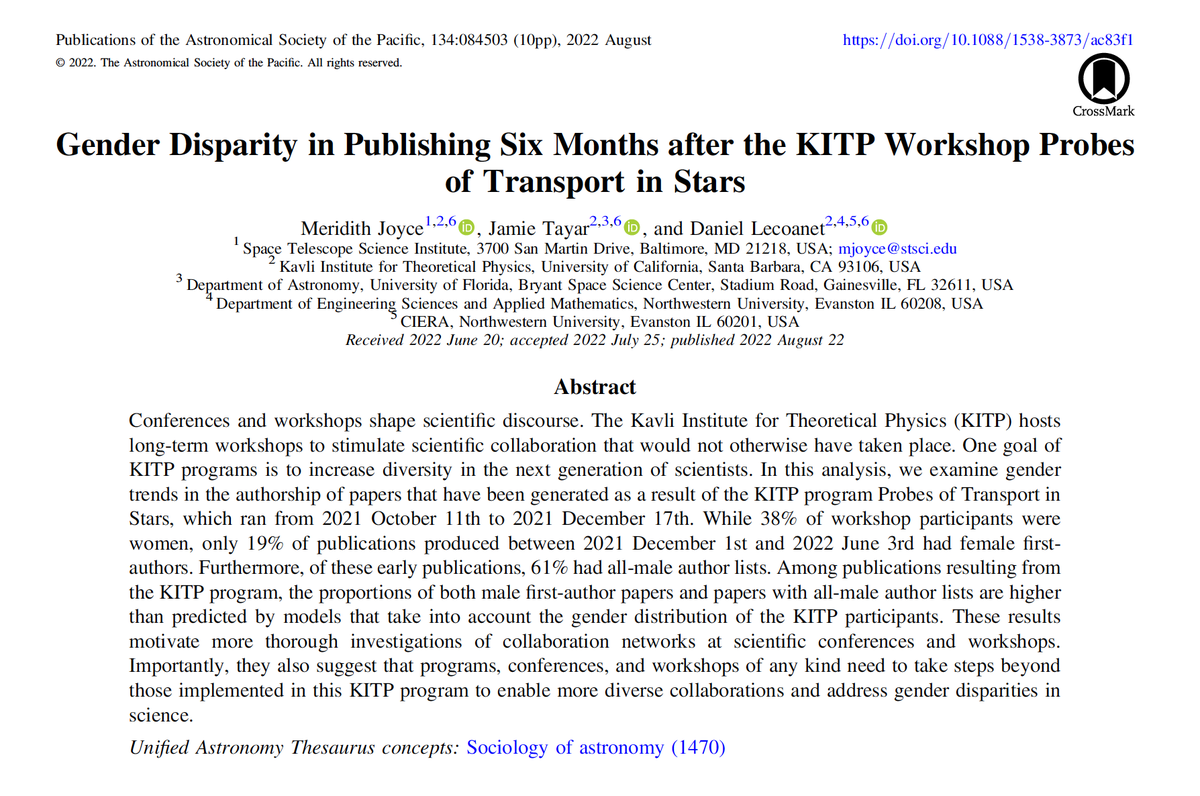 "While 38% of workshop participants were women, only 19% of publications...had female first authors. Furthermore, of these early publications, 61% had all-male author lists." 

The men in those all-male-author papers have *actively* excluded women. Let's think about that.