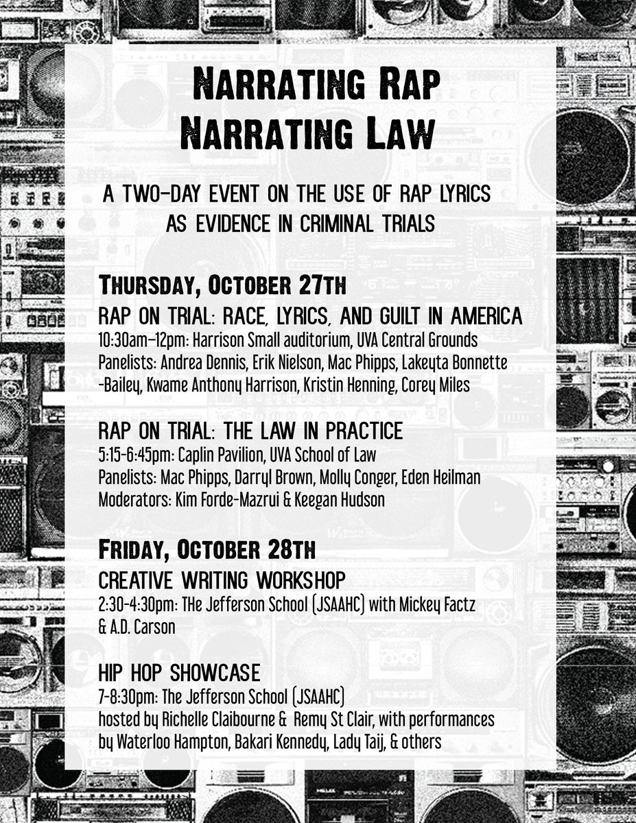 Nomi Dave (@nomidave) on Twitter photo Join us this week <a href="/JSAAHC/">JSAAHC</a> and UVA / <a href="/UVALaw/">UVA Law School</a>, for panels + performances on rap lyrics as criminal evidence. Presented by <a href="/justice_sound/">Sound Justice Lab</a> + with Mac Phipps, <a href="/AndreaDennisEsq/">Andrea L. Dennis</a>, <a href="/ErikNielson/">Erik Nielson</a>, <a href="/MickeyFactz/">IG: Mickey.Factz</a>, and others Join us this week <a href="/JSAAHC/">JSAAHC</a> and UVA / <a href="/UVALaw/">UVA Law School</a>, for panels + performances on rap lyrics as criminal evidence. Presented by <a href="/justice_sound/">Sound Justice Lab</a> + with Mac Phipps, <a href="/AndreaDennisEsq/">Andrea L. Dennis</a>, <a href="/ErikNielson/">Erik Nielson</a>, <a href="/MickeyFactz/">IG: Mickey.Factz</a>, and others