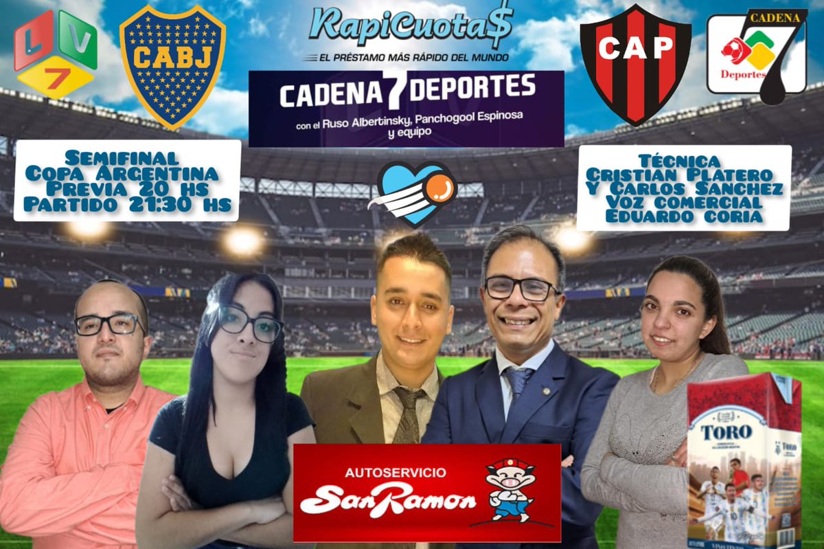 ⚽Boca 🆚 Patronato

Relata:
🎤 Marzio Aragón
Comenta:
🎧Julián Robles
Bordes de campo:
🎙️Emilse Ortiz
Central informativa:
🖥️Marcelo Medina
Voz comercial:
 🎙️ Eduardo Coria
Técnica:
Cristian Platero y Carlos Sánchez
Redes:
💻Melanie Olivera