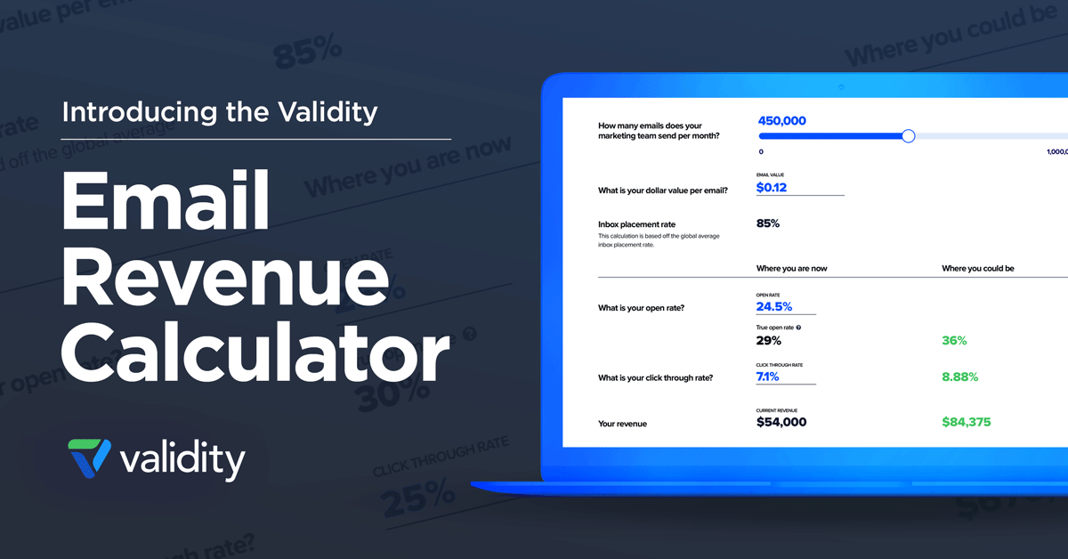 Hey #marketers: If your emails aren’t reaching the inbox, you could be leaving money on the table! Find out how much more revenue you could be making from your #email campaigns w/ <a href="/TrustValidity/">Validity</a>'s brand-new Email Revenue Calculator: bit.ly/3ziJToM
