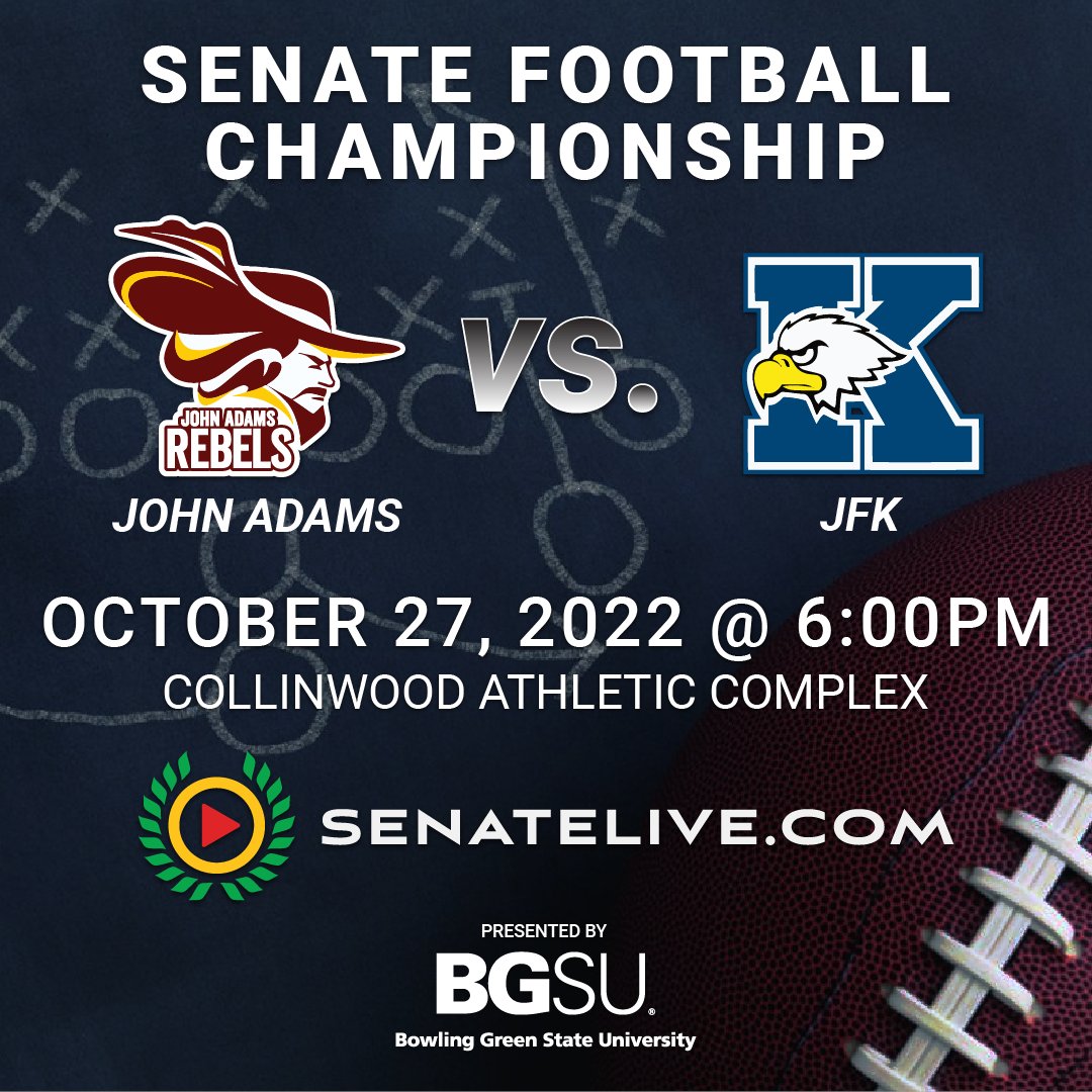 SenateLive's tweet image. Watch the Senate Football Championship - John Adams vs. JFK Tomorrow - Oct 27 @ 6PM on SenateLive.com for FREE! #senatelivedw @CLESenateSports @CLEMetroSchools @DistrictWON